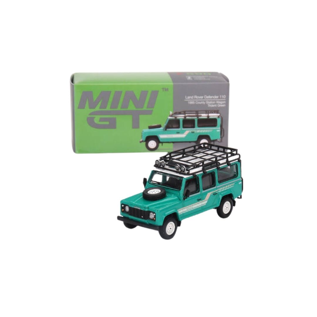 Land Rover Defender 110 1985 County Station Wagon Trident Green, Mini GT 1:64 (590)